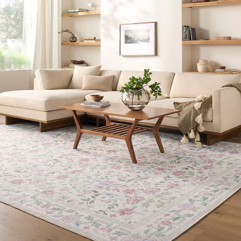 Thistle Floral Washable Pink Rug