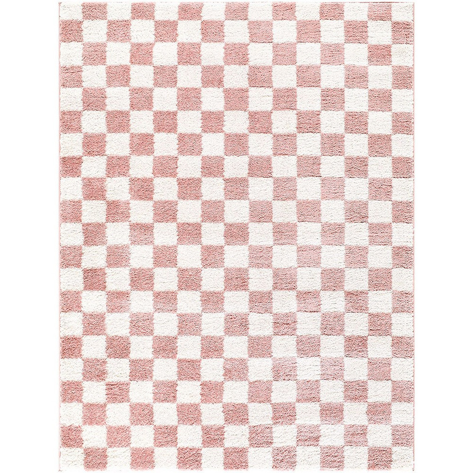 Fossay Washable Checkered Shaggy Pink Rug
