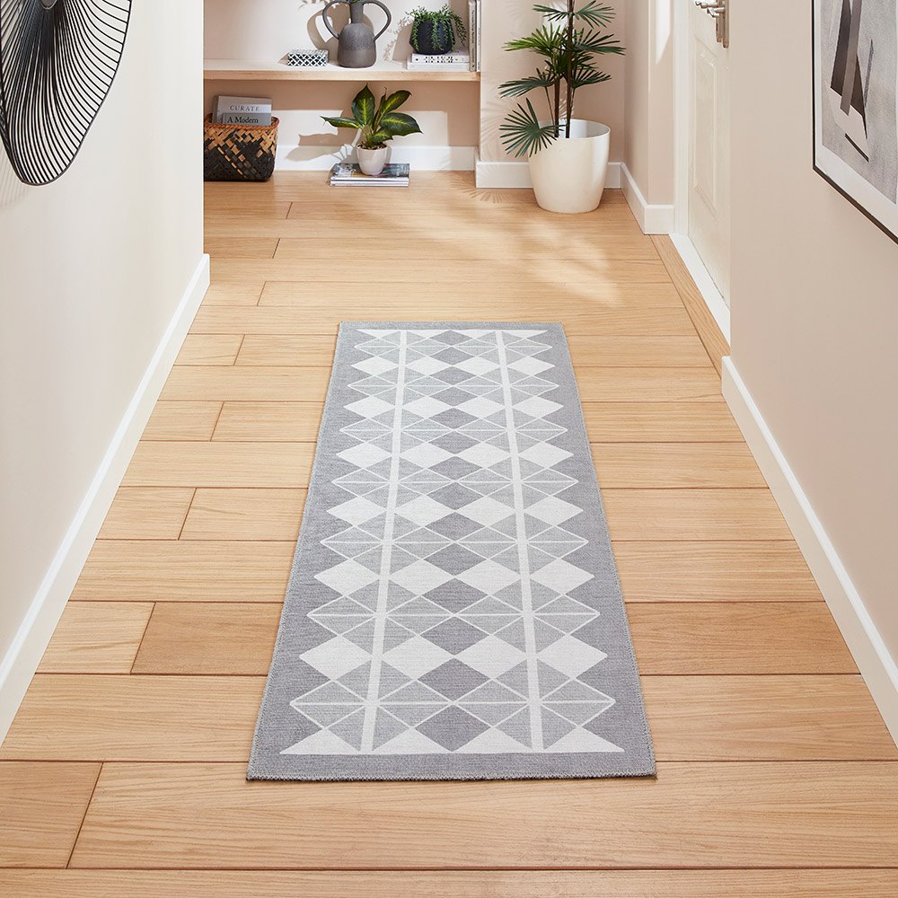 Victoria Light Grey Modern Diamonds Washable Rug Runner
