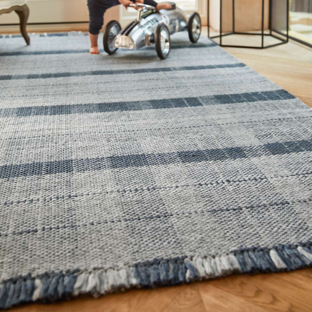 Origins Highland Check Navy Tartan Fringe Recycled Rug