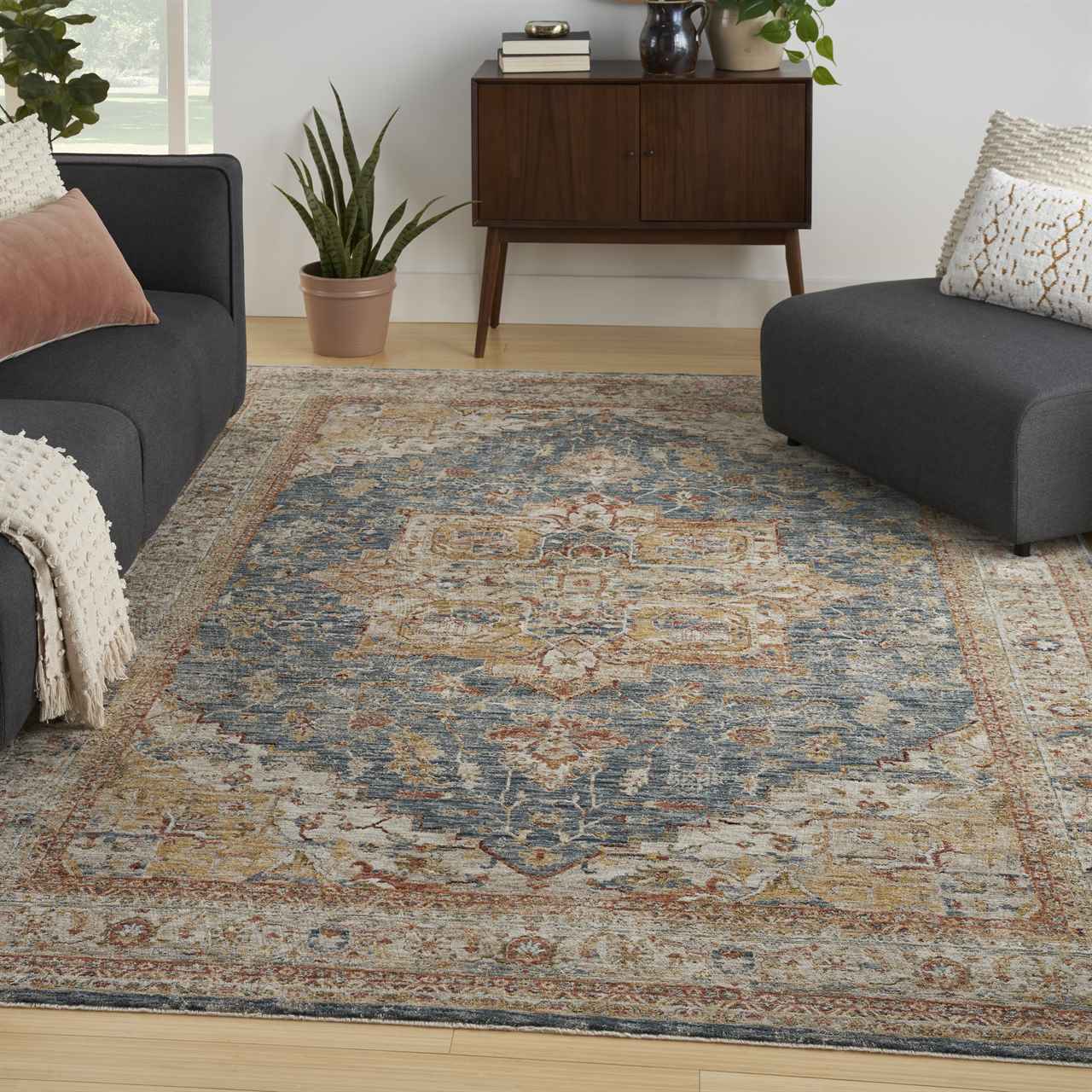 Sahar Traditional Silk Look Rug Ivory Blue 