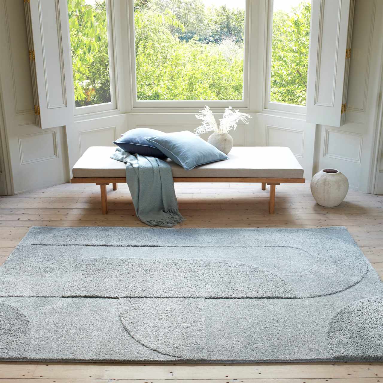 Tova Plain Light Blue Rug Thick Carved Finish