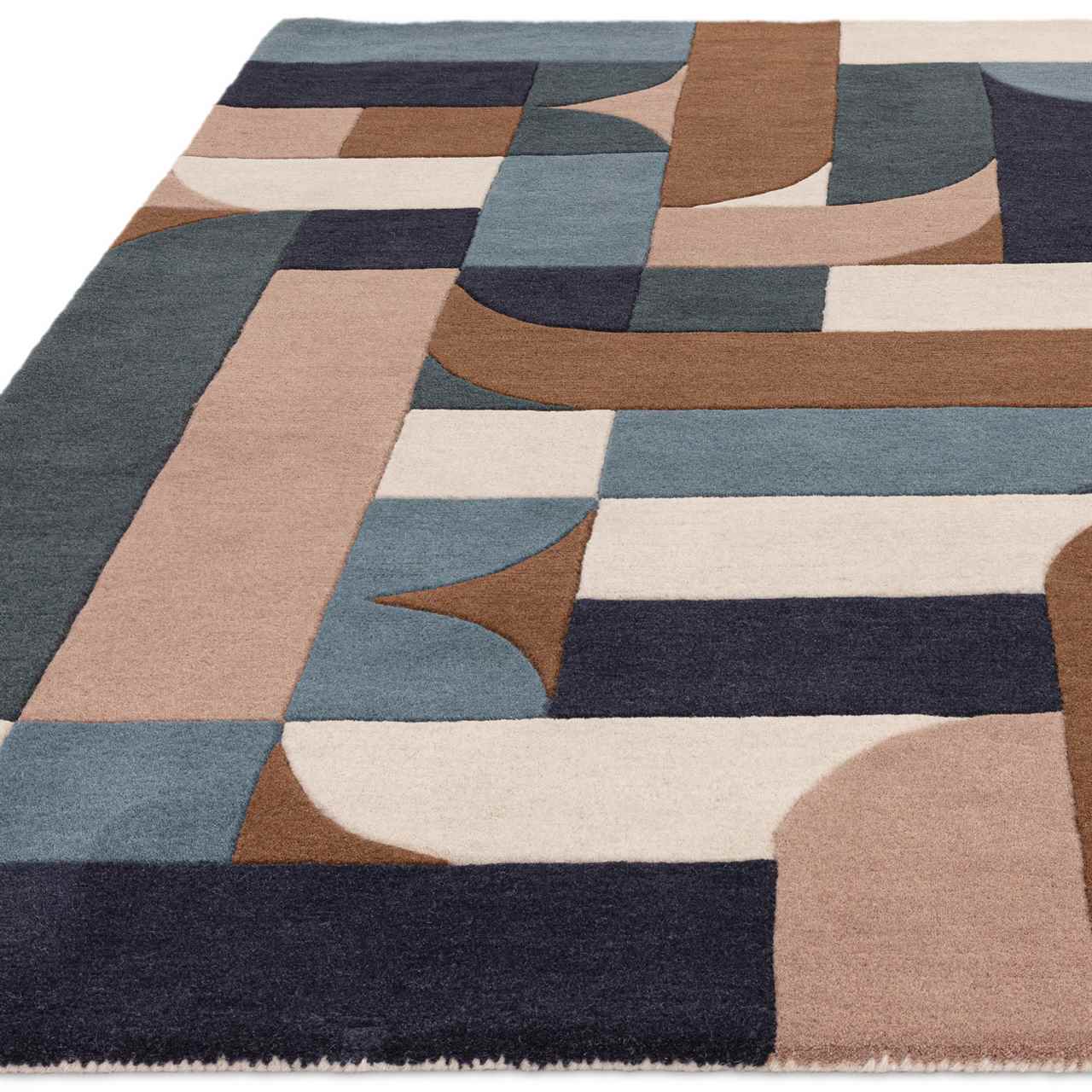 Matrix 89 Klotski Teal Brown Stylish Thick Wool Rug