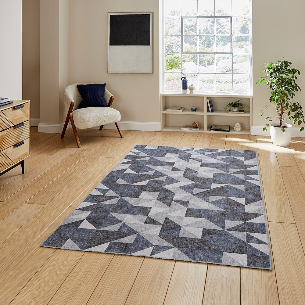 Coral Blue Grey Geometric Washable Rug