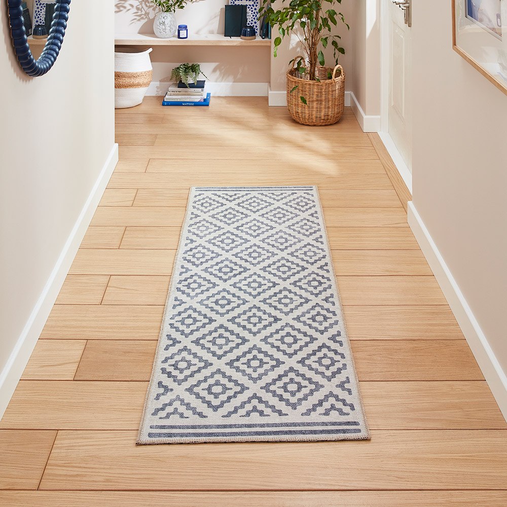 Coral Blue Modern Diamonds Washable Rug Runner
