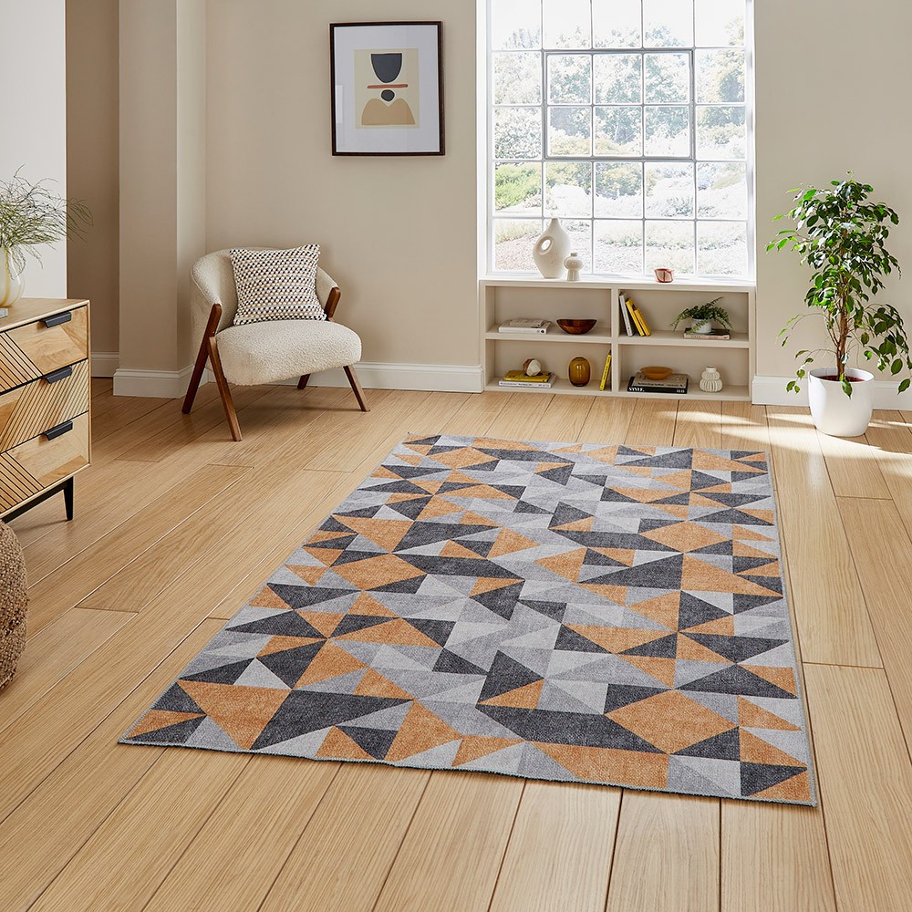Coral Orange Grey Geometric Washable Rug