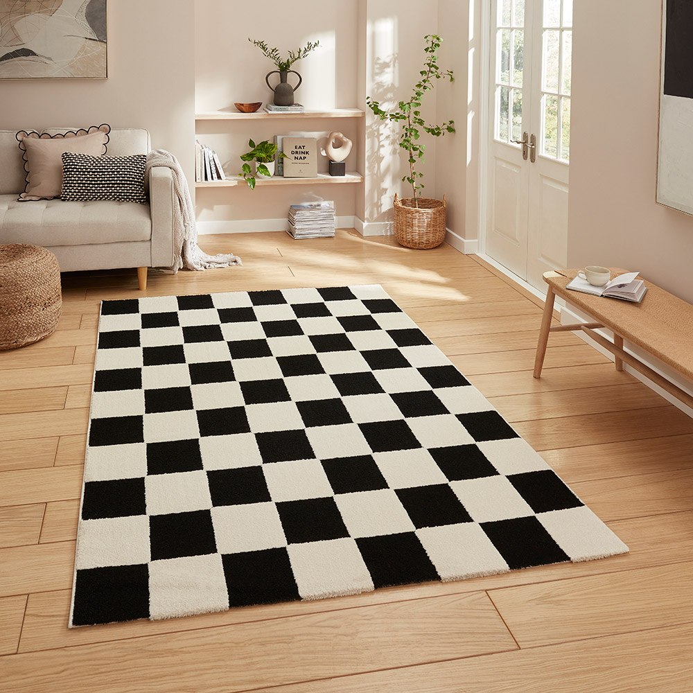 Elio Black White Modern Checker Rug