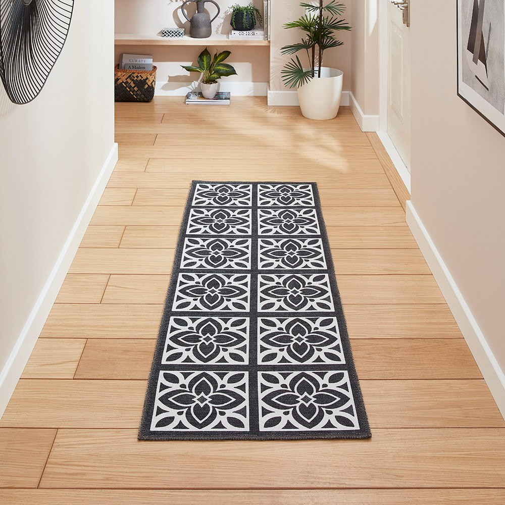 Victoria Dark Grey Floral Washable Rug