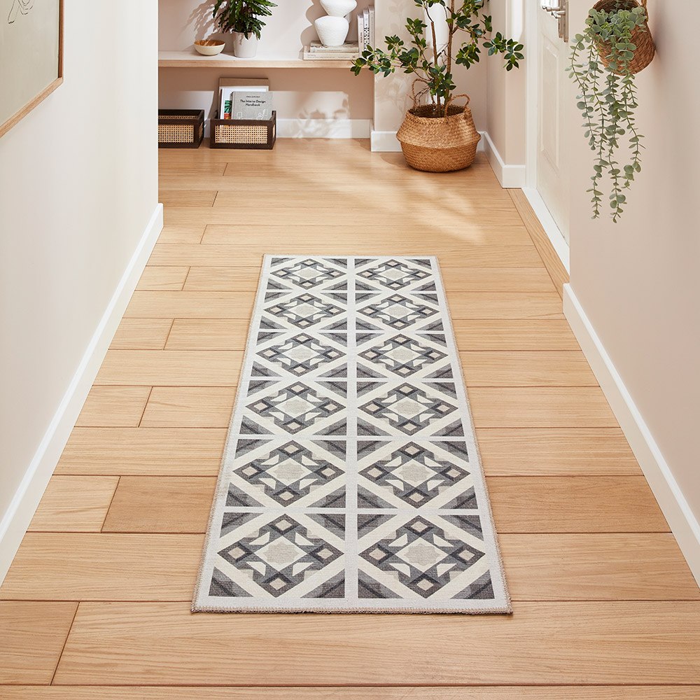 Victoria Grey Beige Diamonds Geo Washable Rug Runner
