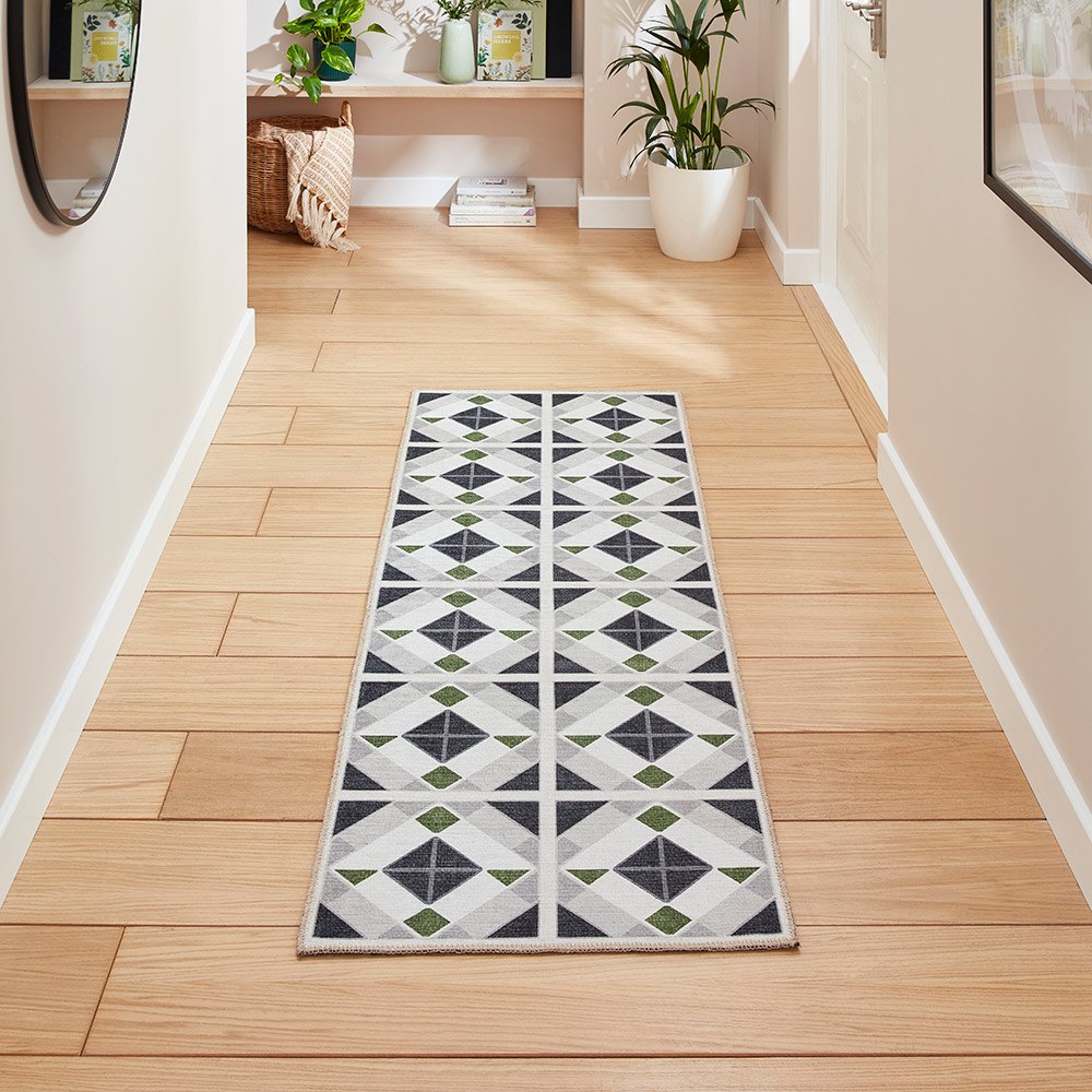 Victoria Grey Green Diamonds Washable Rug