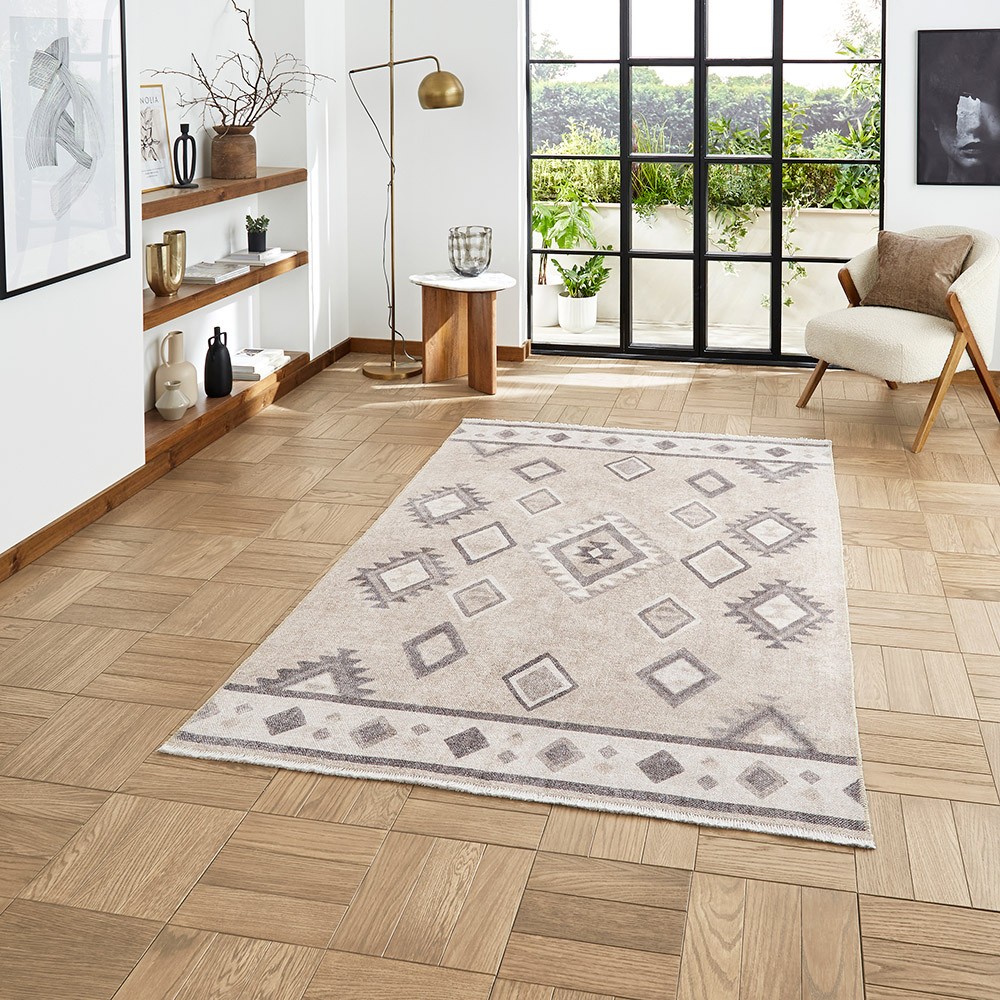Whisper Beige Modern Diamonds Washable Rug