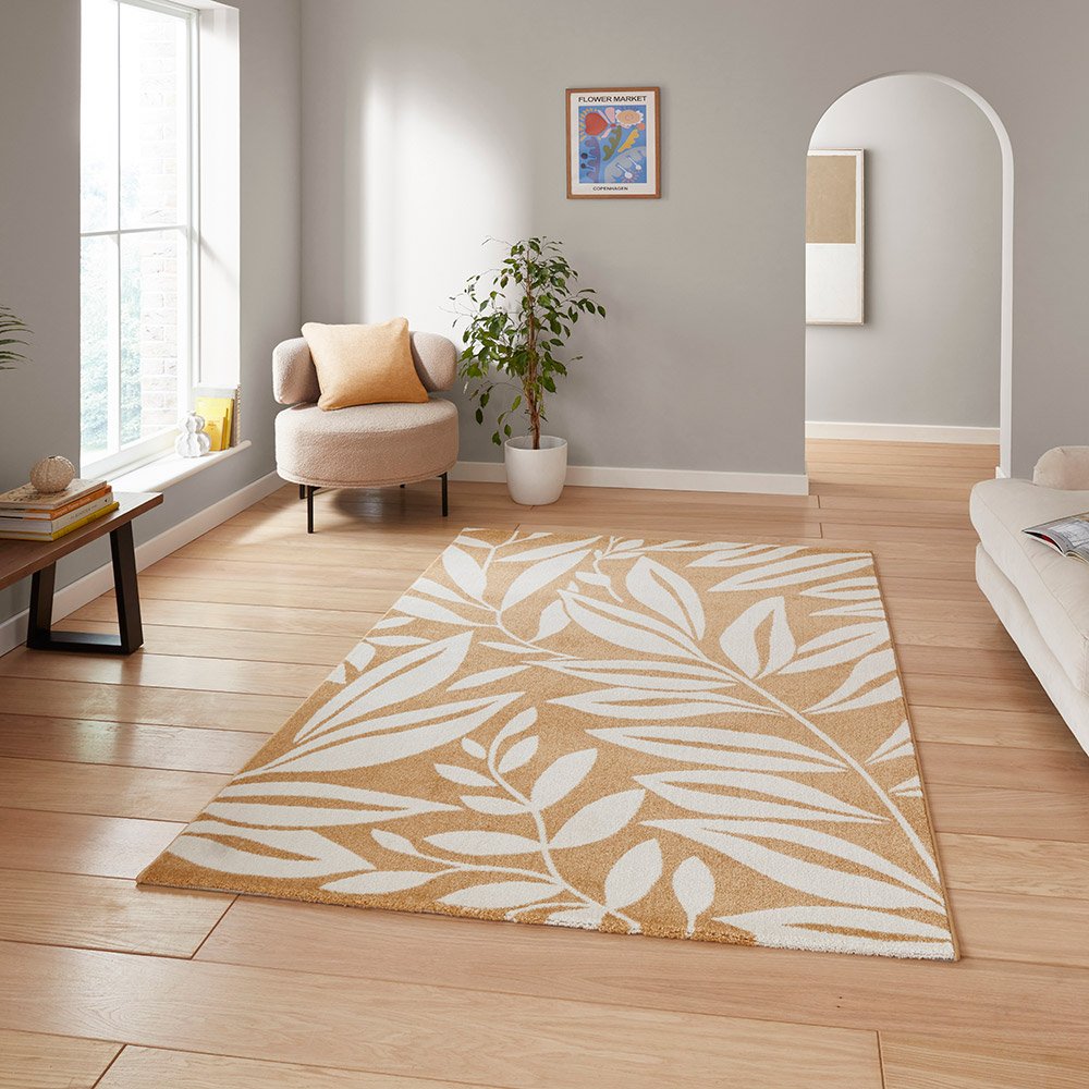 Catherine Lansfield Sorral Leaves Botanica Ochre Rug