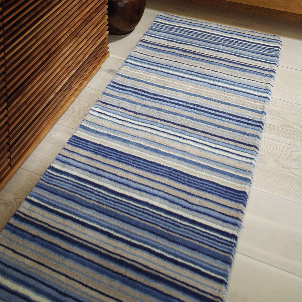 Origins Fine Stripes Blue Beige Striped Wool Rug Runner