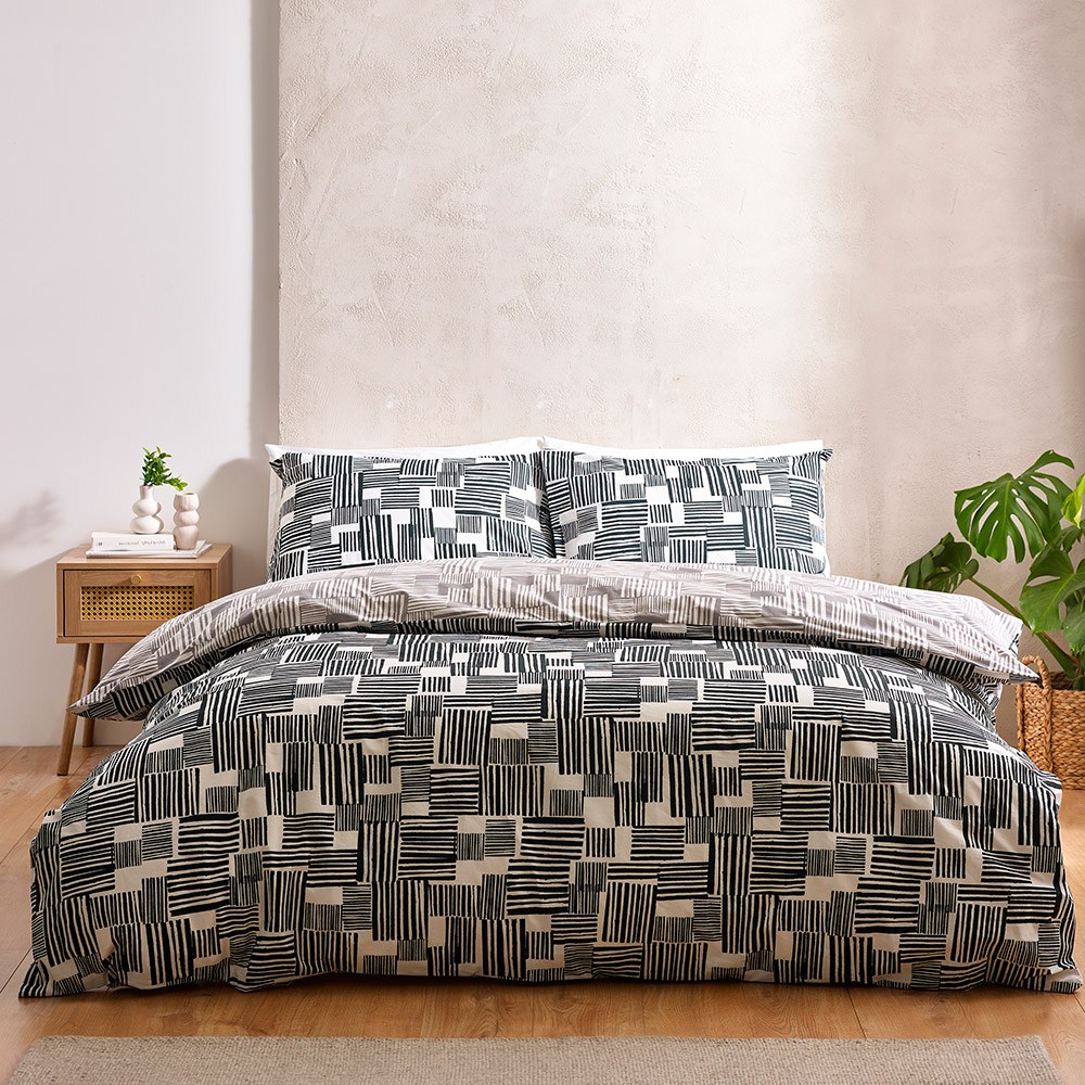 Catherine Lansfield Parure Copripiumino Geometric Grid, 100% Cotone, 200x220 Cm Con 2 Federe 60x70 Cm