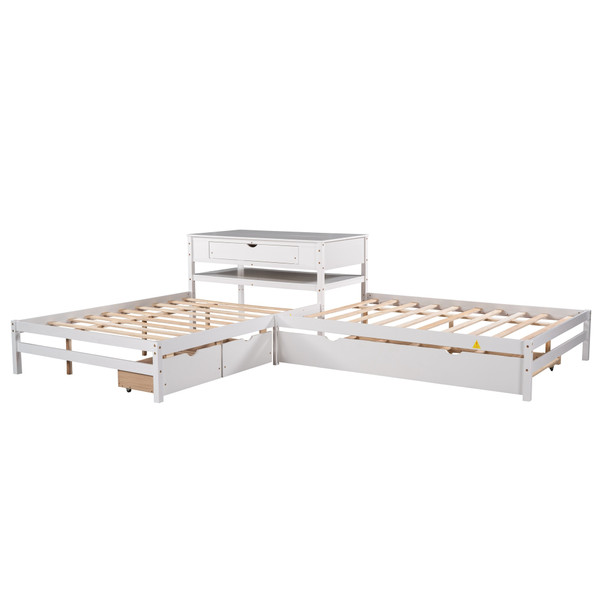 Full Size L-shaped Platform Beds with Twin Size Trundle and Drawers Linked with Built-in Rectangle Table