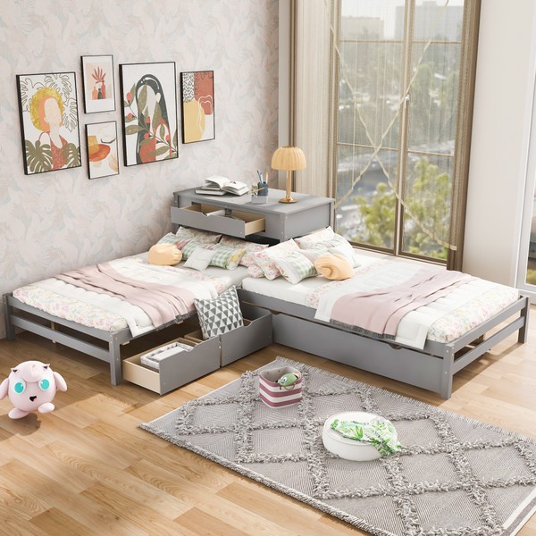 Full Size L-shaped Platform Beds with Twin Size Trundle and Drawers Linked with Built-in Rectangle Table