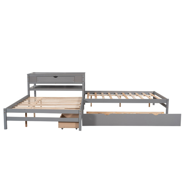 Full Size L-shaped Platform Beds with Twin Size Trundle and Drawers Linked with Built-in Rectangle Table