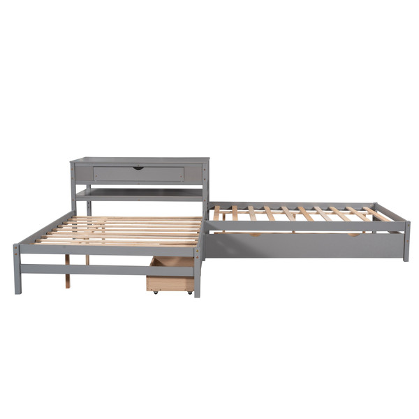 Full Size L-shaped Platform Beds with Twin Size Trundle and Drawers Linked with Built-in Rectangle Table