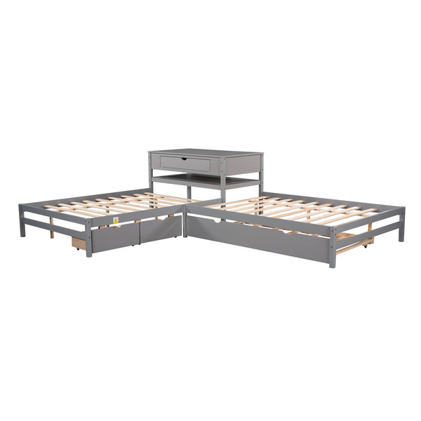 Full Size L-shaped Platform Beds with Twin Size Trundle and Drawers Linked with Built-in Rectangle Table