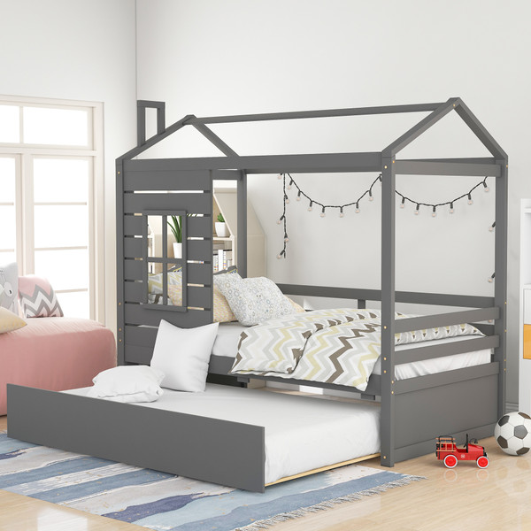 Twin Size House Bed Wood Bed with Twin Size Trundle