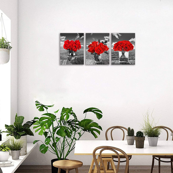 3 Pieces Canvas Wall Art Red Rose Picture Prints Black and White Artworks Floral Painting for Modern Living Room Bedroom Decor