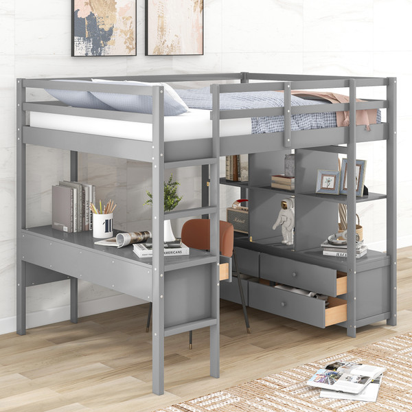 Full Size Loft Bed with Built-in Desk with Two Drawers, and Storage Shelves and Drawers,Gray(Old SKU: GX000320AAE)