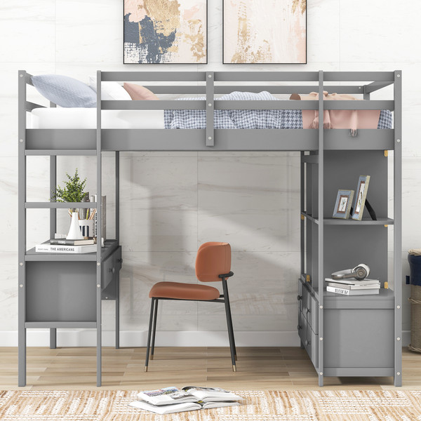 Full Size Loft Bed with Built-in Desk with Two Drawers, and Storage Shelves and Drawers,Gray(Old SKU: GX000320AAE)