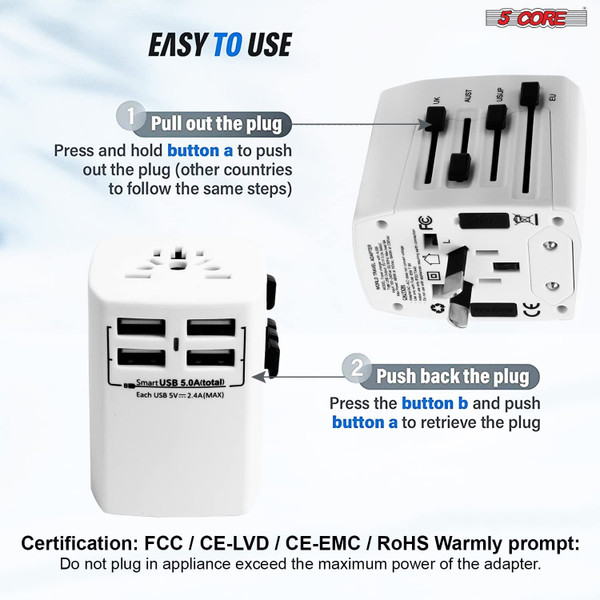 Charger Universal Adapter Multi Outlet Port 4 USB Phone Power All in One Multi Cable Multiple Phone Charge 2.1 Amp Wall Plug White 5 Core UTA W