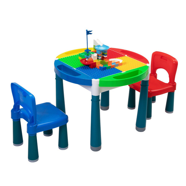 6-In-1 Multi Activity Plastic Table and 2 Chair Set, Play Block Table with 71 PCS Compatible Big Building Bricks Toy for Toddlers, Water Table, Play Learn xh