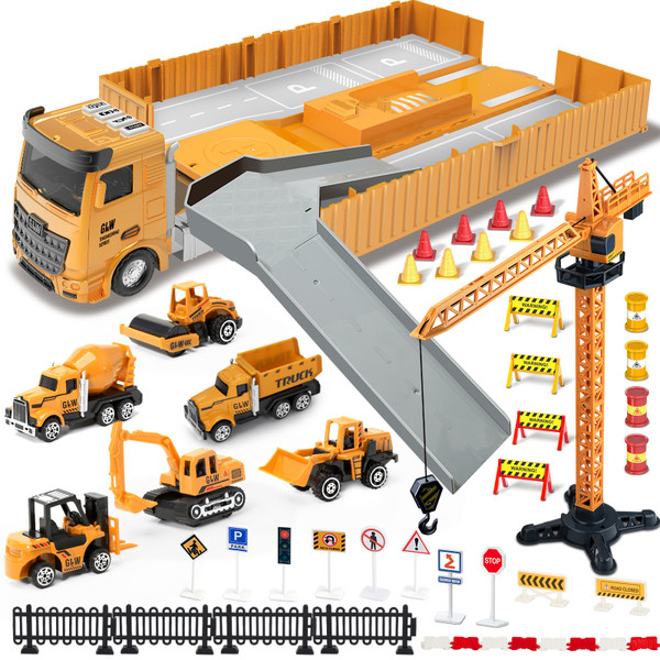 (Do Not Sell on Amazon) Construction Toys with Crane, Construction Vehicles Playset for Kids, Matchbox Bulldozer, Forklift, Steamroller, Dump, Cement Mixer, Excavator, Engineering Crane RT