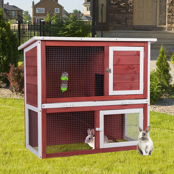 Wooden Rabbit Hutch with Pull Out Tray, Weatherproof 2-Tier Bunny Run Cage, Outdoor Animal Enclosure for Multiple Pets