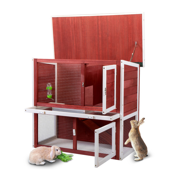 Wooden Rabbit Hutch with Pull Out Tray, Weatherproof 2-Tier Bunny Run Cage, Outdoor Animal Enclosure for Multiple Pets