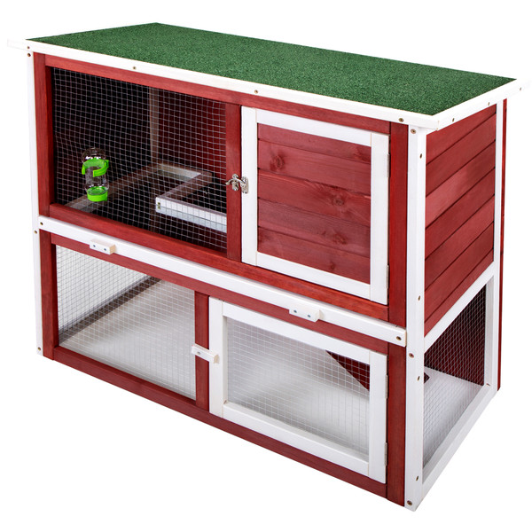 Wooden Rabbit Hutch with Pull Out Tray, Weatherproof 2-Tier Bunny Run Cage, Outdoor Animal Enclosure for Multiple Pets