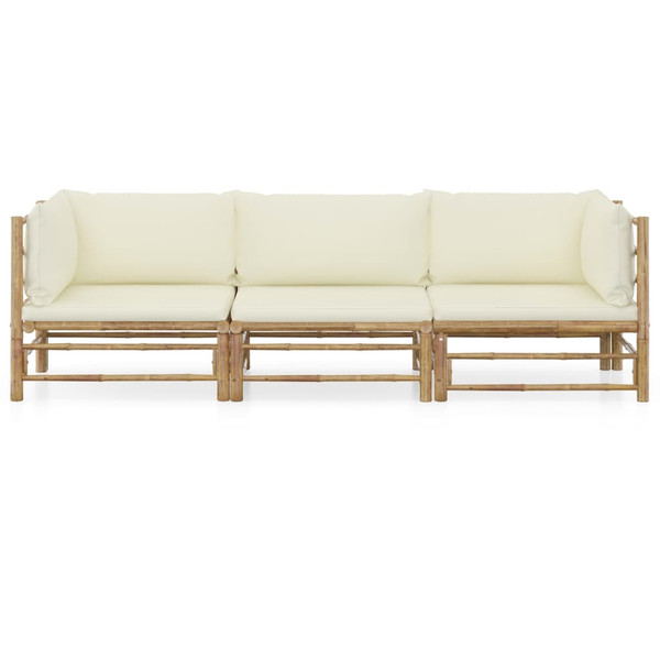 3 Piece Garden Lounge Set with Cream White Cushions Bamboo