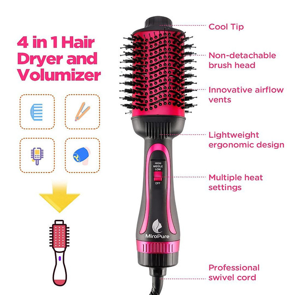 Hair Dryer Brush, MiroPure Hot Air Brush One Step Hair Dryer & Volumizer Brush Blow Dryer Styler with Leakage Protector for Straightening, Curling, Blow Dryer Curling Brush Rose Red