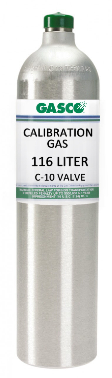 Calibration Gas Carbon Monoxide 60 PPM, Methane 50% LEL, Hydrogen Sulfide 10 PPM, Oxygen 15%, Balance Nitrogen in a 116 Liter Aluminum Cylinder C-10 Connection