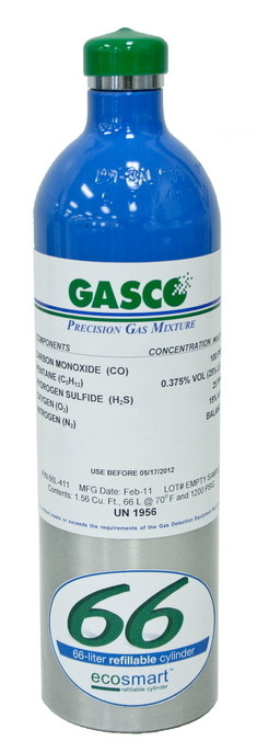 GASCO 411-CO2 100 PPM CO, 25% LEL Pent. (.35% vol.), 25 PPM H2S, 2.5% CO2 19% O2, Balance Nitrogen Calibration Gas in a 66 Liter ecosmart Cylinder