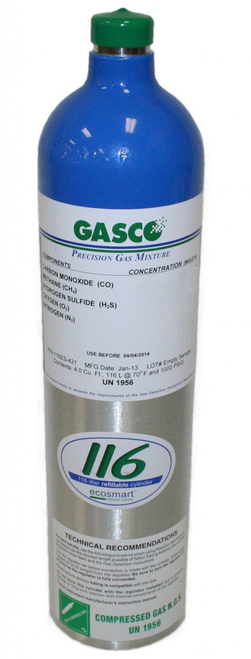 GASCO 472 Calibration Gas, Carbon Monoxide 100 PPM, Pentane 25% LEL, Hydrogen Sulfide 40 PPM, Balance Air in a 116 Liter Cylinder