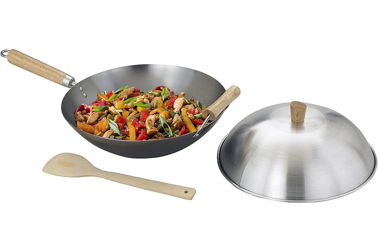 Helen's Asian Kitchen 14" Carbon Steel 4-Piece Wok Set - Thumbnail 2