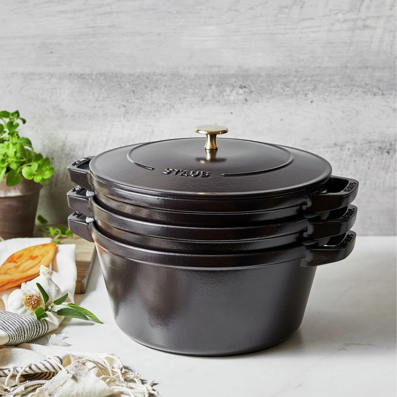 Staub Stackable Cast Iron Cookware Set - 4 Piece Matte Black