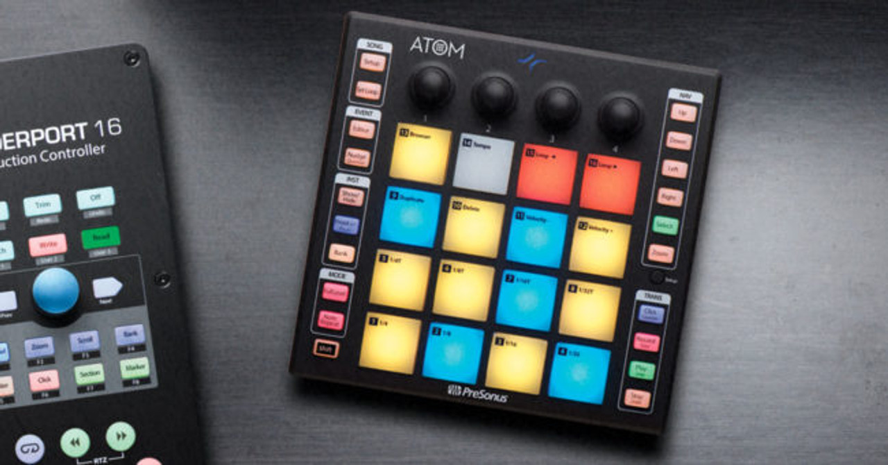 PreSonus ATOM Pad Groove Production Hwr Control Surface w 16  Velocity+Pressure+sensitive Pads, 4 Rotary Encoders, Switchable Polyphonic  Aftertouch/Ch 