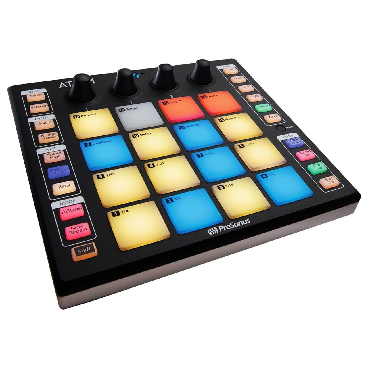 PreSonus ATOM Pad Groove Production Hwr Control Surface w 16  Velocity+Pressure+sensitive Pads, 4 Rotary Encoders, Switchable Polyphonic  Aftertouch/Ch 