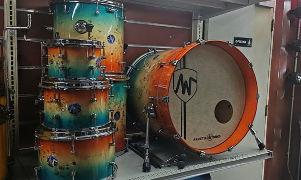 AkustikWorks-Custom Drum series - 7 piece Shell Pack-  Exotic -   Ocean/Sunset/Beach fade Mapa Burl Finish, with 8",  10” and 12” RackToms, 14” and 16” FloorToms, 14" Snare And 22” BassDrum Mapa Burl - (14” Floortom Can be used as a SNOM Snare/Tom)