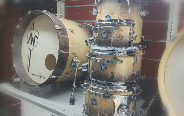 AkustikWorks-Custom Drum series -    7 piece Shell Pack- Natural to Black fade Mapa Burl Finish, with 8",  10” and 12” RackToms, 14” and 16” FloorToms, 14" Snare And 22” BassDrum Mapa Burl - (14” Floortom Can be used as a SNOM Snare/Tom)