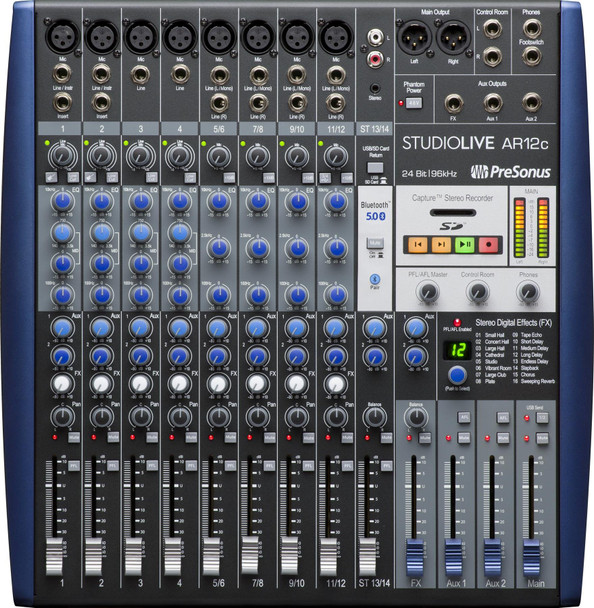 PreSonus StudioLive AR12c Mixer and Audio Interface with Effects 12-channel Analog Mixer with 24-bit/96kHz 14-track Recorder, 3-band EQ, Built-in Effects, 14-in/4-out USB Audio Interface, Studio One Artist DAW, and Studio Magic Plug-in Suite - Mac/PC