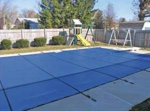PoolTux Royal 16 ft x 38 ft Mesh Safety Cover - Blue - 15 yr Warranty
