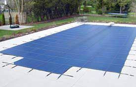 PoolTux Royal 14 ft x 28 ft Mesh Safety Cover w/ Center End Step - Blue - 15 yr Warranty