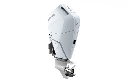 Profile view of a Mercury Verado 400hp CL V10 Outboard in Cold Fusion White.