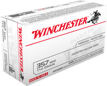 Winchester USA Ammunition - 357 Magnum - 110 Grain Jacketed Hollow Point - 50 Rounds - Brass Case Winchester USA Ammunition - 357 Magnum - 110 Grain Jacketed Hollow Point - 50 Rounds - Brass Case