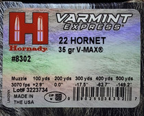 Hornady Varmint Express Ammunition - 22 Hornet - 35 Grain V-Max - 25 Rounds Hornady Varmint Express Ammunition - 22 Hornet - 35 Grain V-Max - 25 Rounds